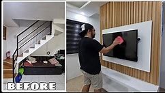 Modern Living Room Transformation! How to build TV console with LED Backwall and Wood slat