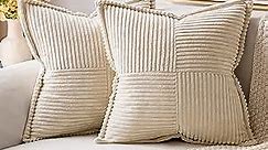 MIULEE Beige Corduroy Pillow Covers 24x24 inch with Splicing Set of 2 Super Soft Boho Striped Pillow Covers Broadside Decorative Textured Throw Pillows for Spring Couch Cushion Livingroom