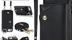 Phone Case for iPhone 7/8/SE 2020/2022 Wallet Cover with Screen Protector Ring Stand Card Holder Crossbody Strap Cell iPhone7 iPhone8 7s 8s i SE2020 SE2022 2/2nd/3/3rd Generation SE2 SE3 Women Black