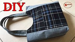 DIY DENIM AND FLANNEL TOTE BAG WITH CURVED TOP FRONT POCKET | TOTE BAG MAKING AT HOME