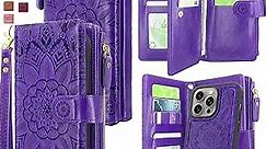 Harryshell Compatible with iPhone 15 Pro Max 6.7 inch 5G 2023 Wallet Case Detachable Removable Phone Cover Zipper Cash Pocket Multi Card Slots Wrist Strap Lanyard (Floral Purple)
