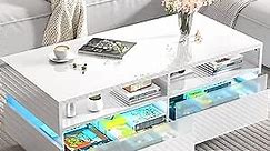 HOMFAMILIA Modern LED Coffee Table w/ 2 Big Storage Drawers,High Glossy 2-Tier White Coffee Table w/ 60000-Color LED Lights,App Control,Rectangle Center Table w/Open Shelf for Living Room Bedroom