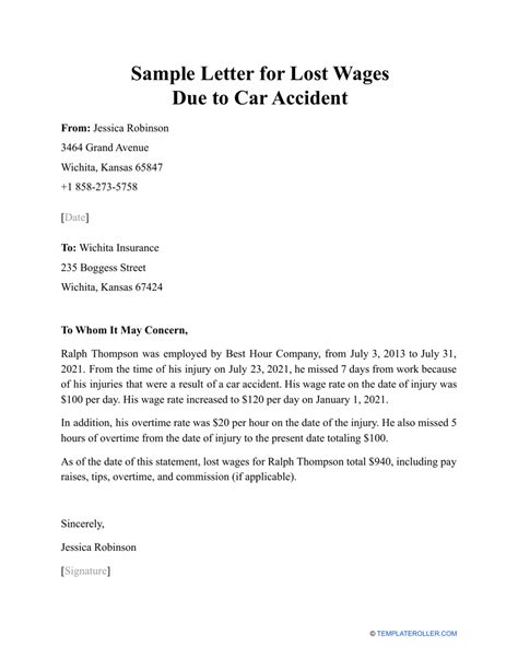 sample letter  lost wages due  car accident fill  sign