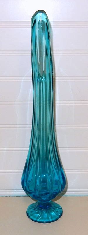 Blue Art Glass Ribbed Stretch Swung Footed Vase 15 Mid Century 1960s