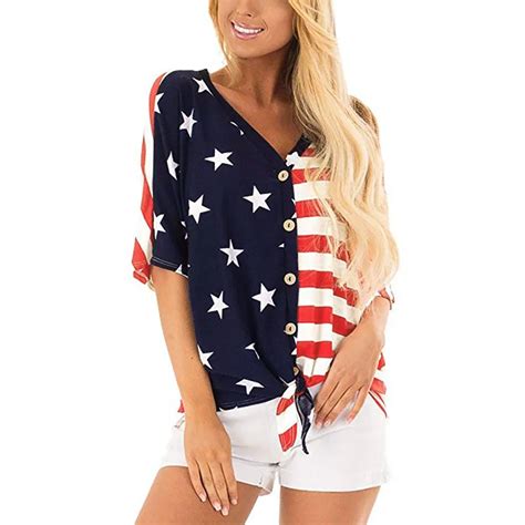 Womens V Neck American Flag Button Down T Shirt With Tie Front Tops