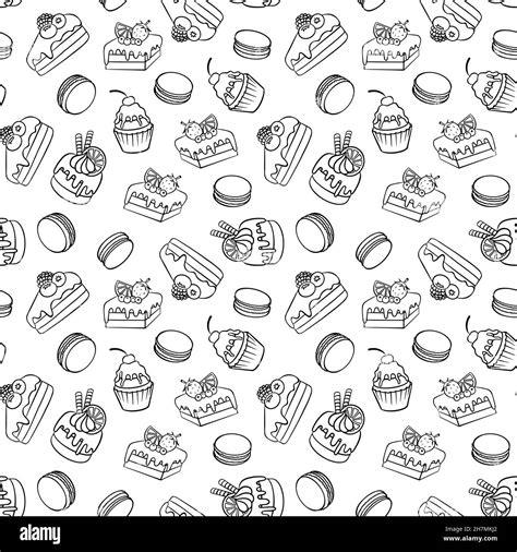 seamless pattern  cakes  macaroons doodle desserts  white background vector