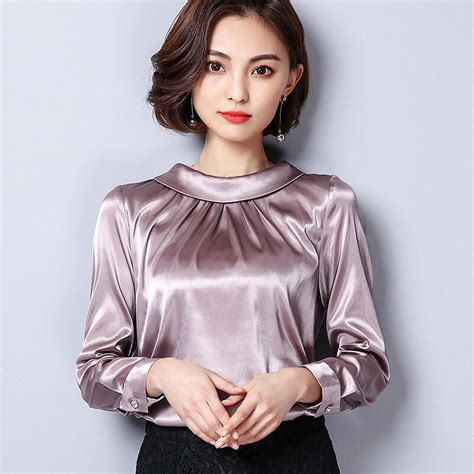 Ladies Satin Silk Shirt Vintage Pleated Long Sleeve Shiny