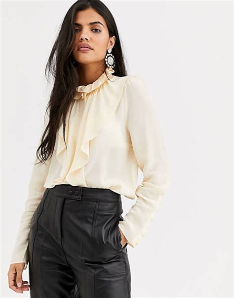 and other stories high neck ruffle blouse in cream asos