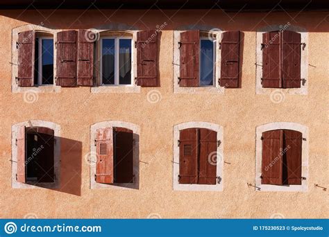 casement windows  brown wooden shutters stock image image  historic swiss