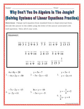 solving systems  linear equations practice riddle worksheet tpt