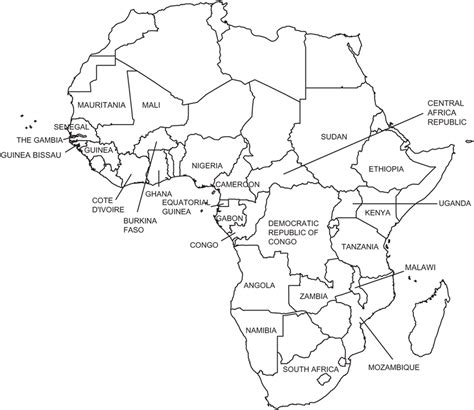 map   countries  africa included   study