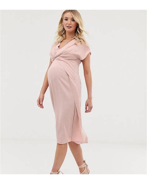 asos asos design maternity twist  drape front midi dress  pink lyst