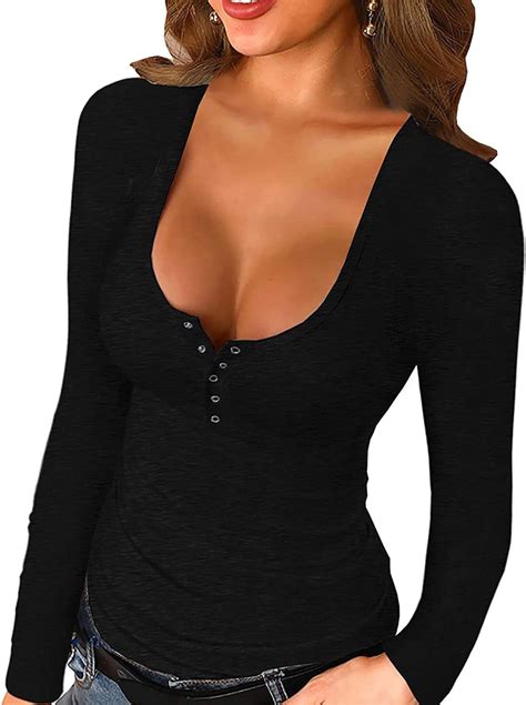 Sexy Women Long Sleeve Deep U V Neck Low Cut Button Up Stretchy Blouse