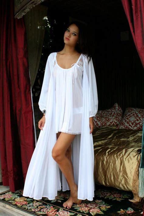 bridal lingerie robe wedding white nylon peignoir peasant etsy pretty
