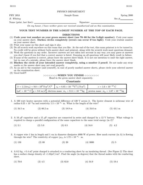 physics department phy  sample exam