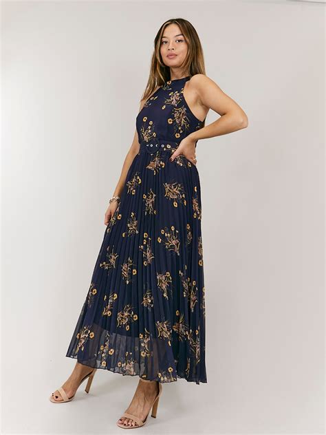 Luisa Belted Pleated Maxi Dress Navy Floral Print Maxi Dress