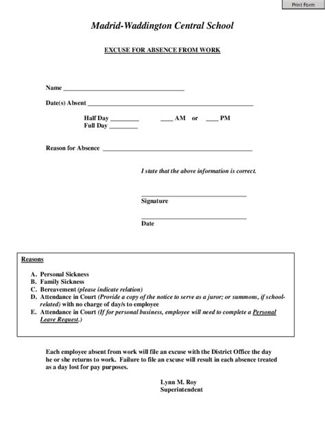 excuse form  work fill   sign printable  template