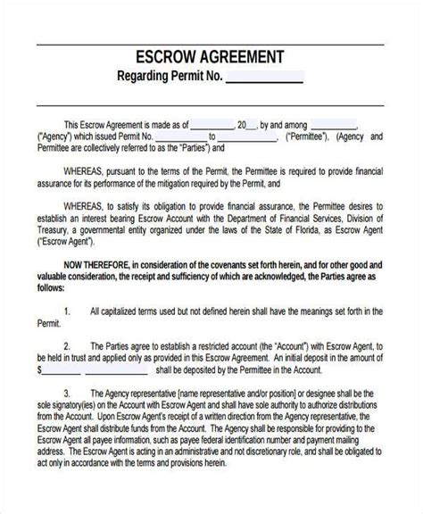 sample escrow agreement forms   ms word