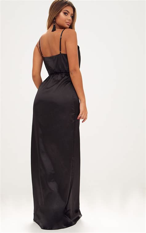 black strap detail split front satin maxi dress dresses