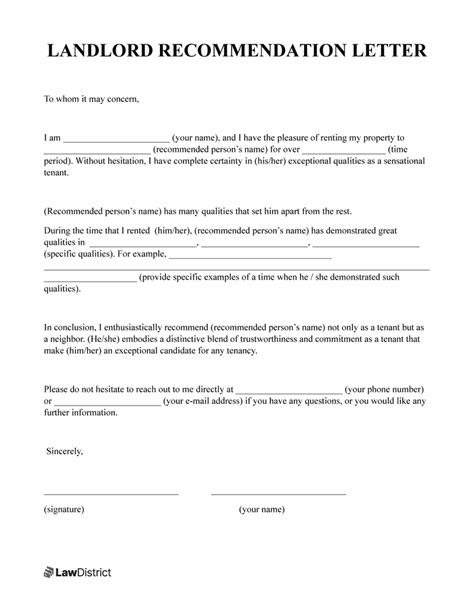 landlord recommendation letter template sample printable