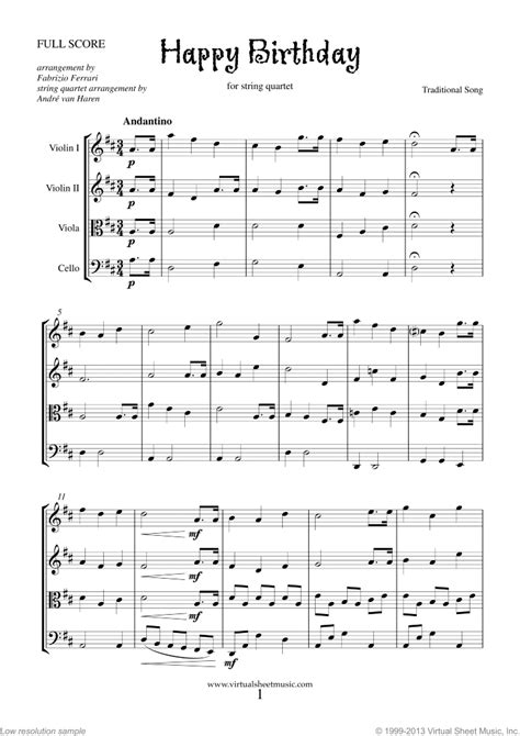 Happy Birthday Sheet Music For String Quartet [pdf Interactive]