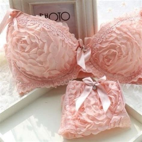 Underwear Lingerie Rose Pink Pretty Bra Flowers Floral Bows