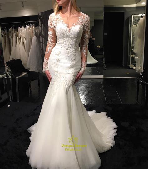 White Sheer Lace Top Long Sleeve Mermaid Wedding Dress