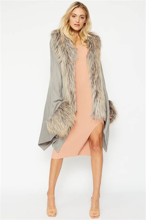 grey knitted luxury faux fur cape jayley