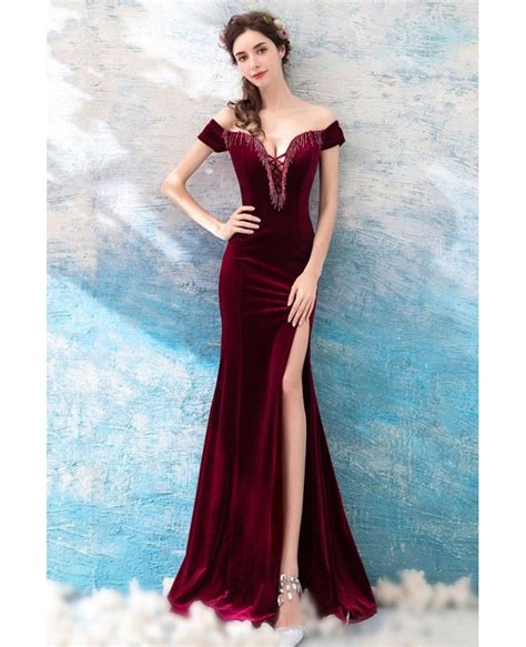 sexy burgundy velvet mermaid tight prom dress with slit