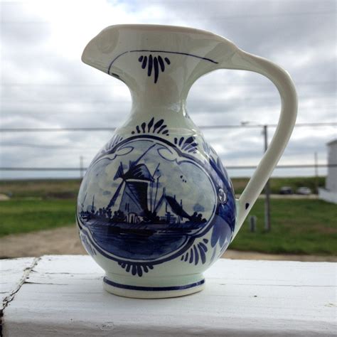 vintage hand painted delft blue pottery cream pitcher