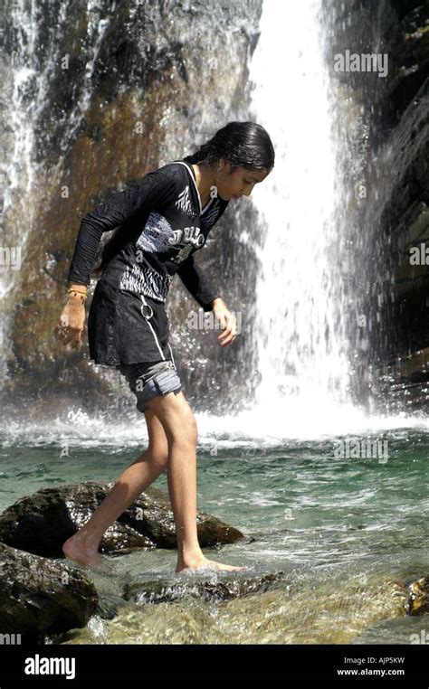 Skinny Young Indian Girl Woman Walking Bare Feet In Pond Under Stock