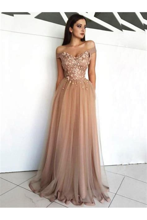 elegant   shoulder beaded lace tulle long prom dresses formal
