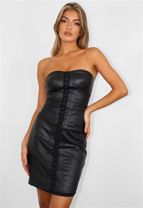 tall black faux leather strapless mini dress missguided ireland
