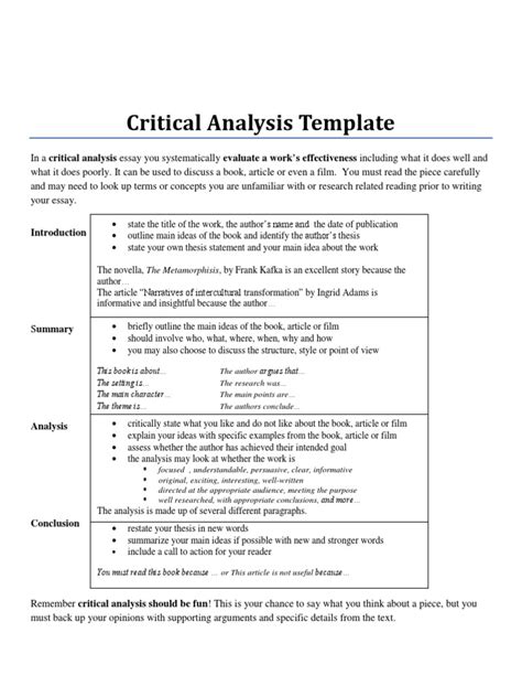 critical analysis template  section      paragraph