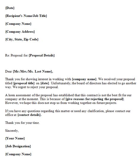 sample proposal rejection letter format template purshology