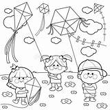 Flying Coloring Kites Children Book Playing Flowers Sky sketch template