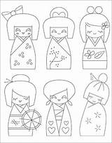 Kokeshi Embroidery Redwork Japonesa Bonecas Colorir Stitches Japonesas Kimono Hina Matsuri Appliques Benn sketch template