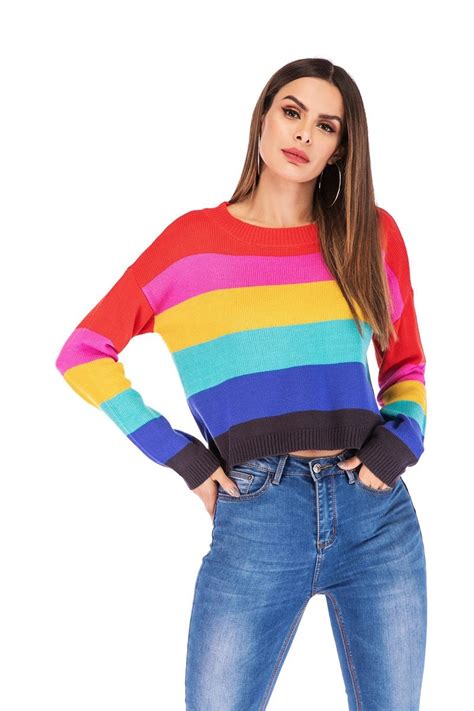 Knitted Rainbow Stripe Sweater – Tomscloth Women Pullover Sweaters