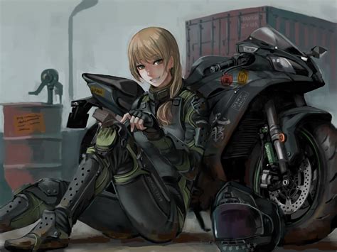 anime girl smiling bodysuit motorcycle blonde armored anime