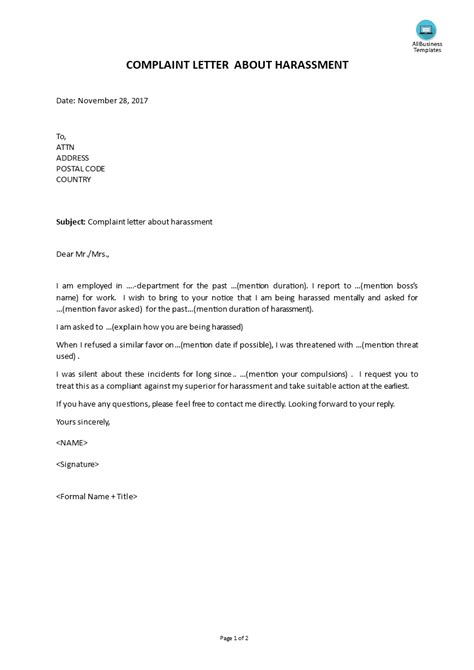 complaint letter  harassment templates  allbusinesstemplatescom