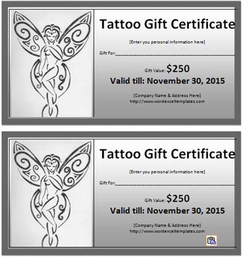 tattoo gift certificate templates  sample    tattoo