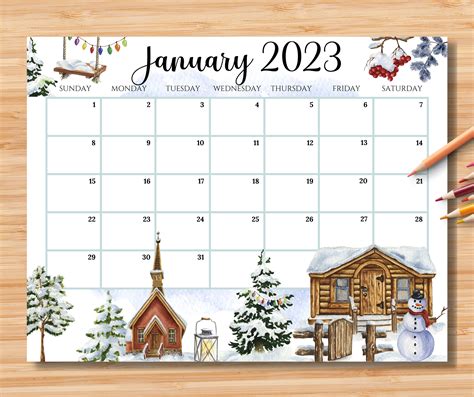 editable january  calendar beautiful winter   village etsy israel