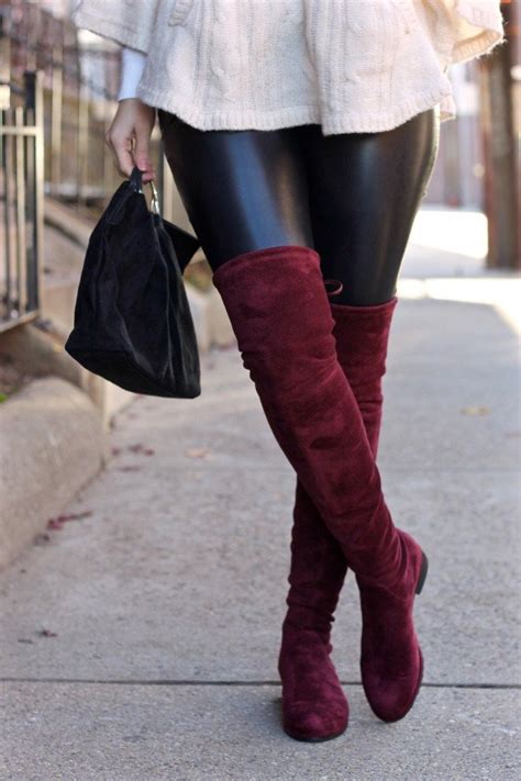 kaitlyn pan burgundy red   knee suede boot flat heel boots black leather leggings