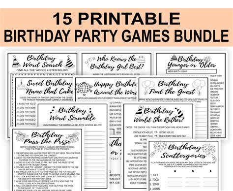 black  white birthday party games bundle printable printables depot