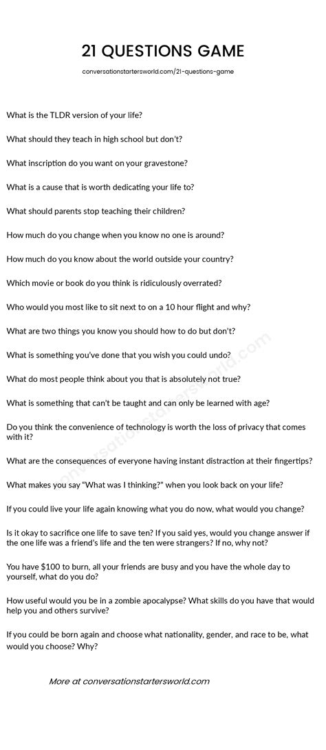 here are some great questions for the 21 questions game that i hope you