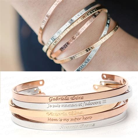 inspirational message personalized bracelet initial engraved  cuff custom bangle bracelet