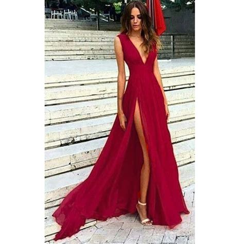 lp8901 red long sexy slit prom dress v neck evening party dress 2018 a
