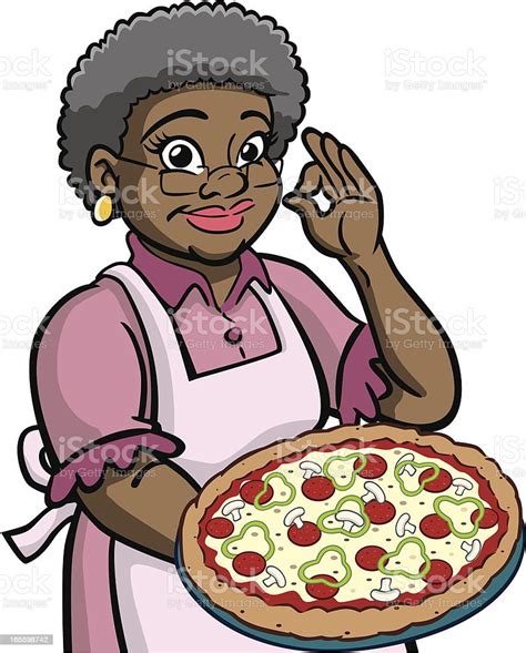 african american granny holding pizza stock illustration download