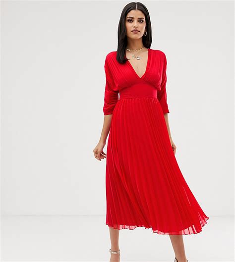 asos design tall geplooide midi jurk met vleermuismouwen rood tall fashion