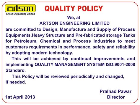 quality policy artson engineering limited